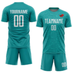 Custom sublimated soccer jersey and shorts uniform set with V-neck collar, textured pattern, custom player name, and number printing by JACX Wears