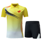 Custom yellow and black sublimated men's tennis polo uniform set with black shorts and custom chest logo by JACX Wears