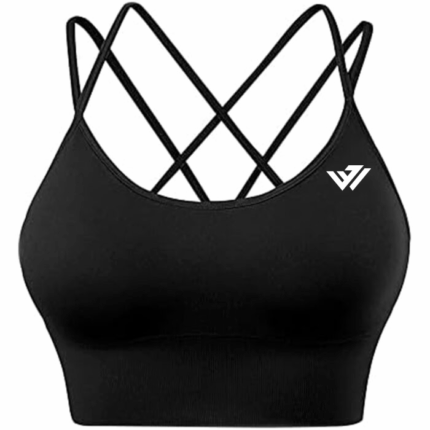 Women's black multi-strap lattice cross-back sports bra with custom white logo by JACX Wears