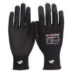 Black precision assembly work gloves with micro-foam nitrile coated palm and custom logo stamp by JACX Wears