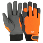 Heavy-duty high-vis orange and grey mechanic work gloves with adjustable wrist strap and custom branding by JACX Wears
