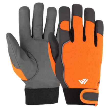 Heavy-duty high-vis orange and grey mechanic work gloves with adjustable wrist strap and custom branding by JACX Wears
