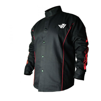Heavy-duty black flame-resistant welding jacket with red piping, flame sleeve graphics, and custom logo by JACX Wears