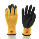 Custom grey knitted work gloves with yellow crinkle latex dipped palm coating and brand logo by JACX Wears