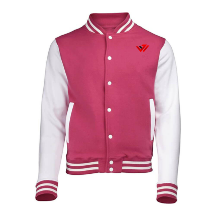 Custom pink wool varsity jacket with white leather sleeves and striped ribbing by JACX Wears