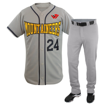 Custom baseball jerseys in grey with Mountaineers text, black piping, and matching pants