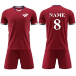 Custom sublimated soccer jersey and shorts uniform set with V-neck collar, textured pattern, custom player name, and number printing by JACX Wears