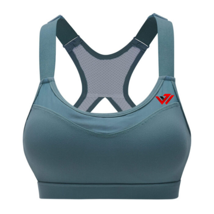 Women's teal blue high-impact racerback sports bra with mesh ventilation and custom logo by JACX Wears