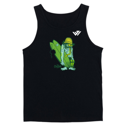Men's black athletic tank top with green surf creature graphic and custom chest logo by JACX Wears