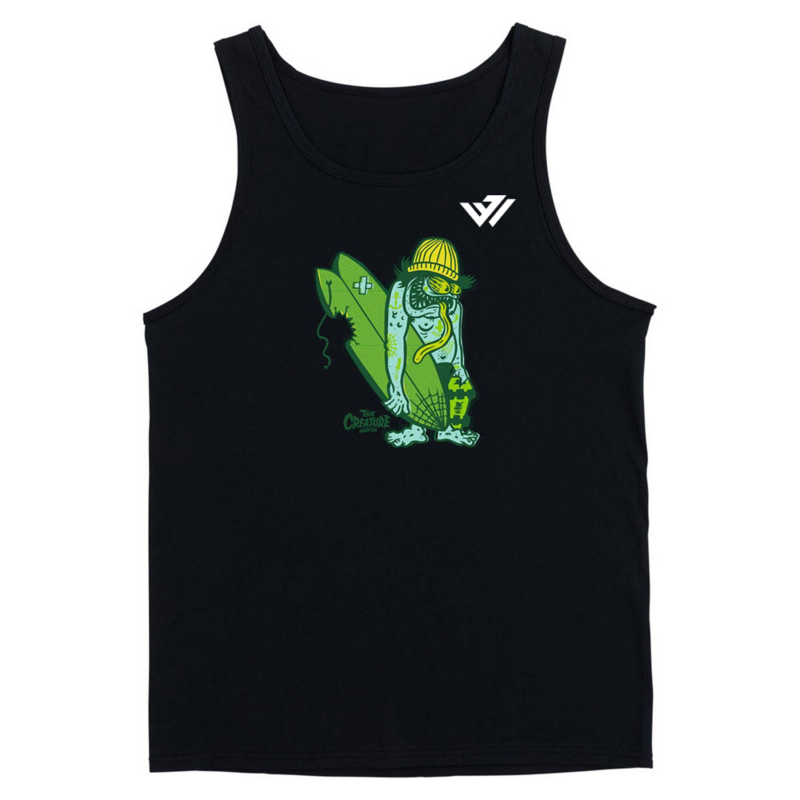 Men's black athletic tank top with green surf creature graphic and custom chest logo by JACX Wears
