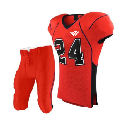 Red and black custom American football uniform with jersey and lace-up padded pants