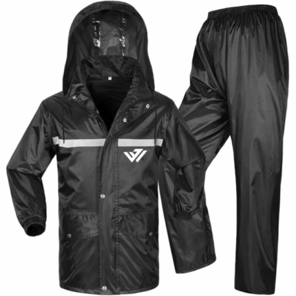 Men's black 2-piece waterproof rain suit with reflective chest stripe and custom logo by JACX Wears