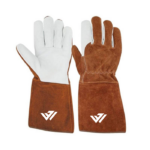 Heavy-duty brown and white split cowhide leather welding gloves with long gauntlet cuff and custom logo by JACX Wears