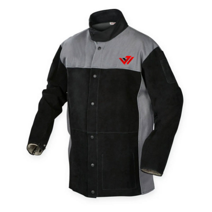 Heavy-duty black and grey split cowhide leather welding jacket with custom logo by JACX Wears