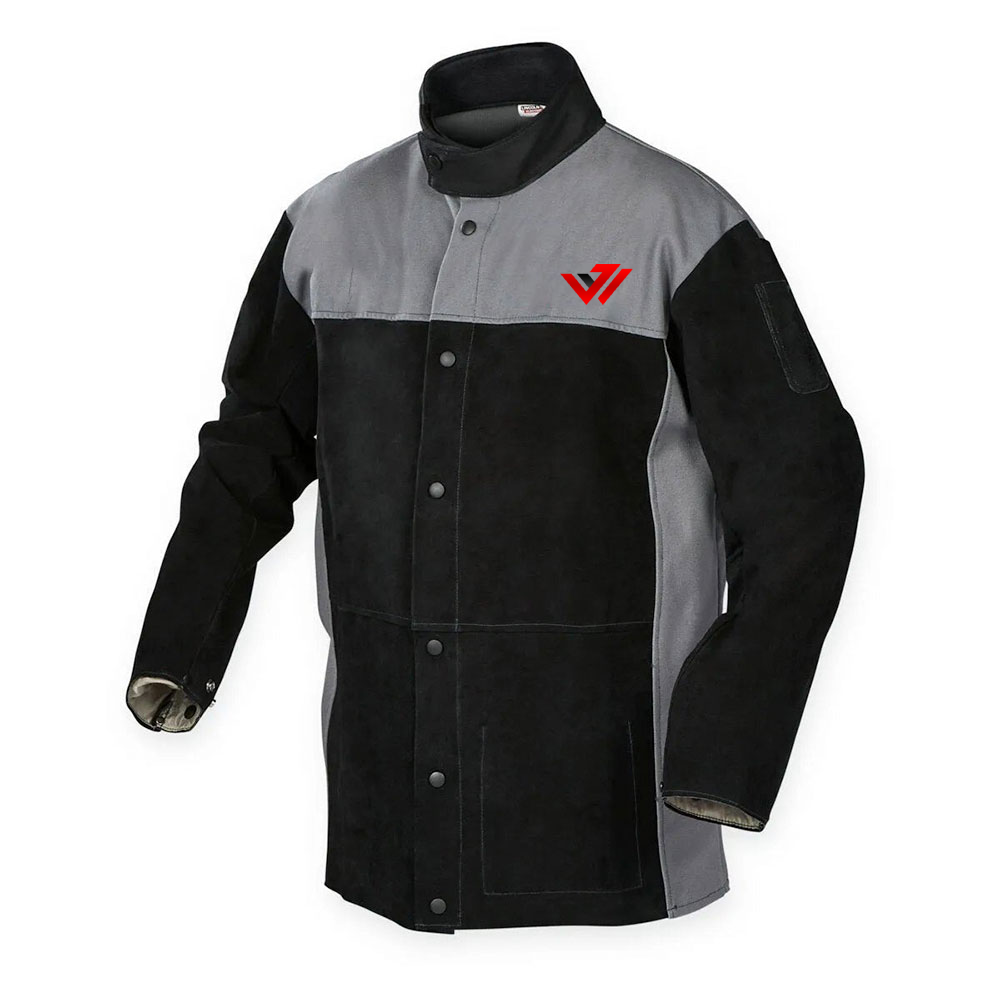 Custom Leather Flame-Resistant Welding Jacket Wholesale Heavy-duty black and grey split cowhide leather welding jacket with custom logo by JACX Wears