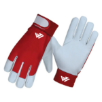 Premium white grain leather driver work gloves featuring vibrant red contrast piping, slip-on safety cuff, and custom brand logo by JACX Wears