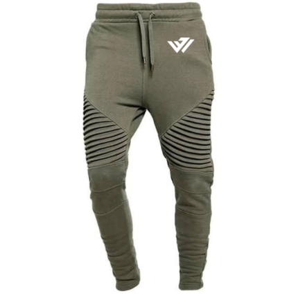 Olive green fleece biker jogger sports pants with ribbed knee details and custom logo embroidery by JACX Wears