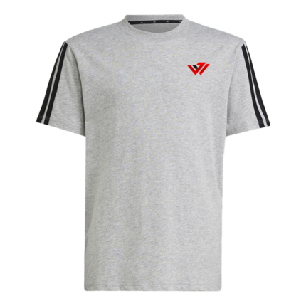 Light grey heather short-sleeve t-shirt with black sleeve stripes and custom red chest logo by JACX Wears