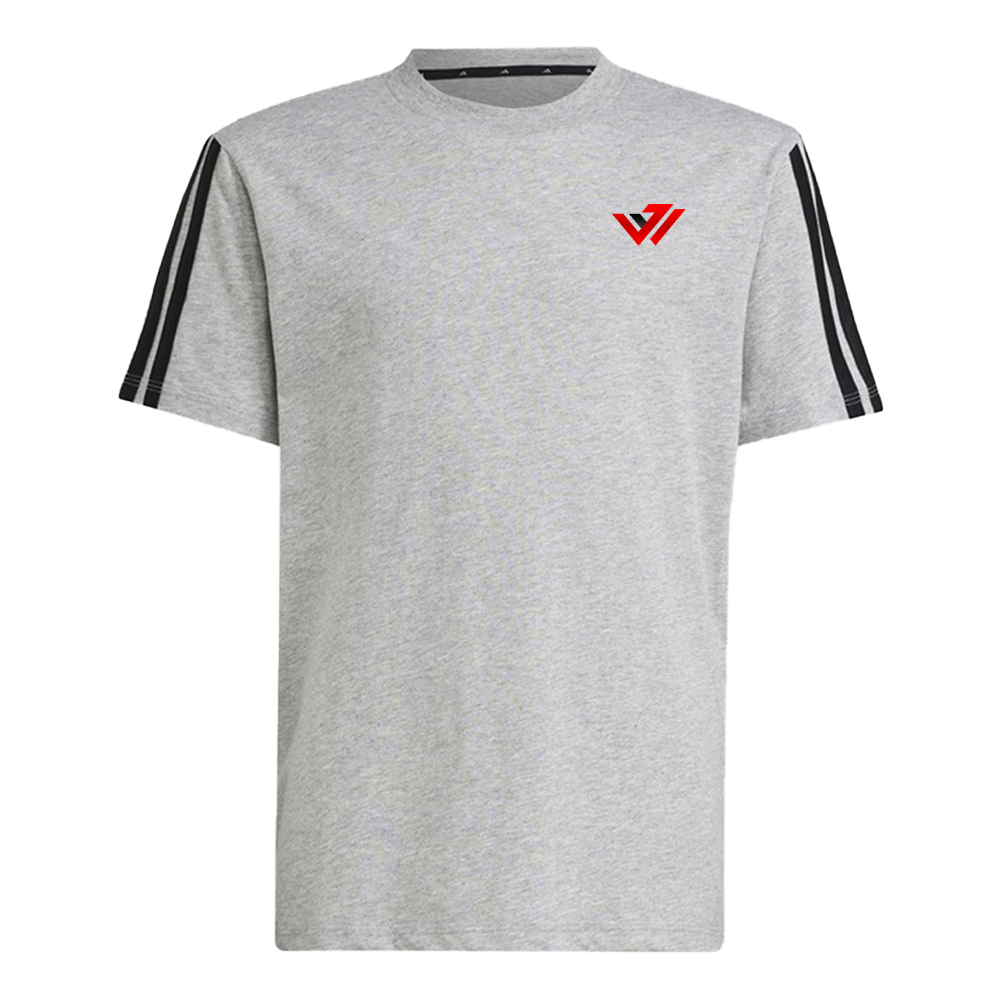 Custom Grey Striped Sleeve Athletic T-Shirt Light grey heather short-sleeve t-shirt with black sleeve stripes and custom red chest logo by JACX Wears