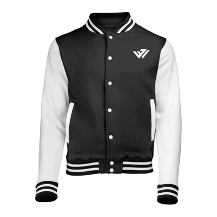 Custom black wool varsity jacket with white leather sleeves and striped ribbing by JACX Wears