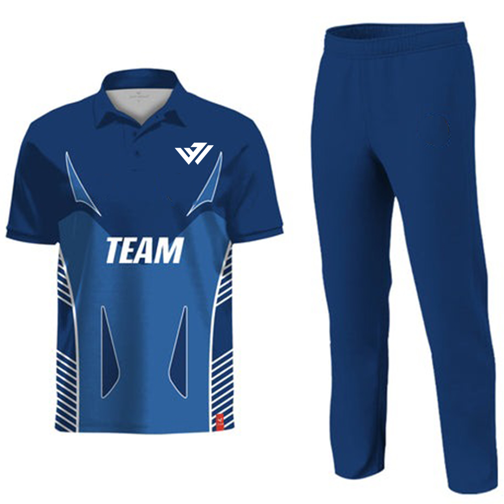 Custom Navy Blue Sublimated Cricket Uniform Kit Custom navy blue sublimated cricket uniform kit with royal blue accents by JACX Wears