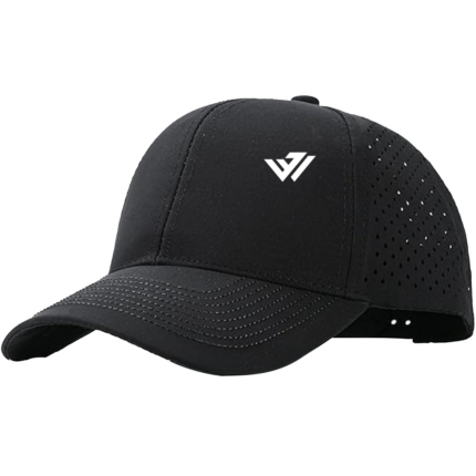 Black laser-perforated quick-dry performance athletic cap with custom logo embroidery by JACX Wears