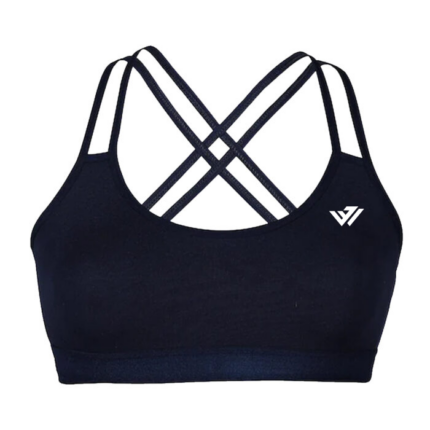 Women's black dual strap cross-back sports bra with custom white logo by JACX Wears