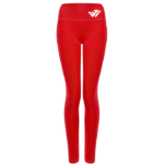 Women's high-waisted red Lycra fitness leggings with white custom logo on waistband by JACX Wears