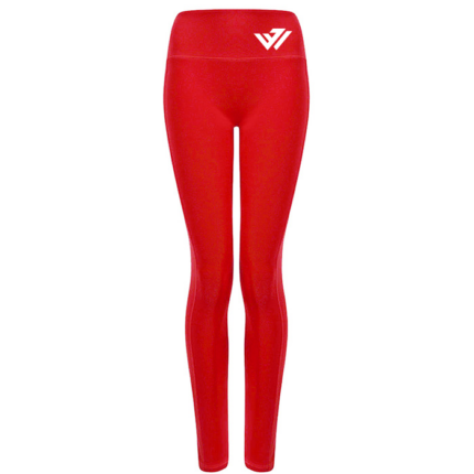 Women's high-waisted red Lycra fitness leggings with white custom logo on waistband by JACX Wears