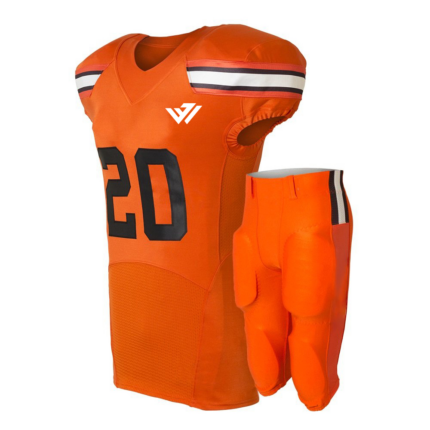 Custom American football uniform in orange with black numbers and matching padded pants