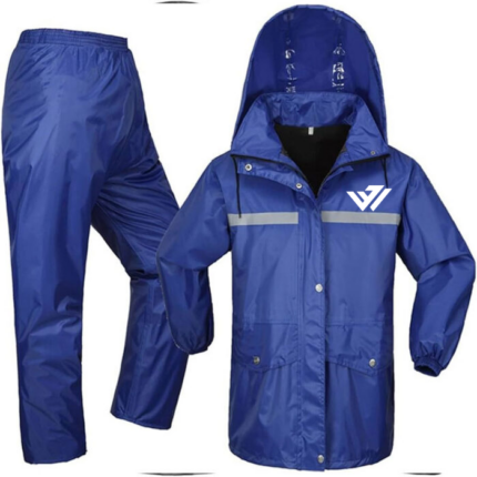 JacxWears 2-piece blue waterproof rain suit featuring a workwear jacket with a reflective chest stripe, snap pockets, and matching water resistant work pants.