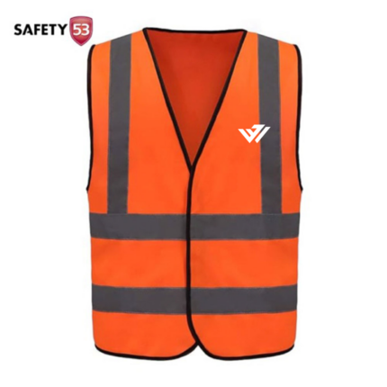 Custom orange high-vis reflective safety vest with silver reflective stripes by JACX Wears
