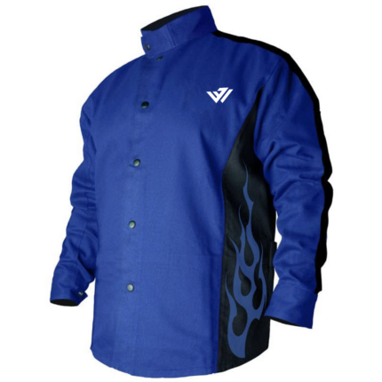 Heavy-duty blue flame-resistant welding jacket with black side flame design and custom logo by JACX Wears