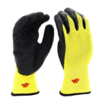 Yellow precision assembly work gloves with micro-foam nitrile coated palm and custom logo stamp by JACX Wears