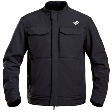 Custom black dual-flap cargo pocket softshell jacket with stand collar by JACX Wears