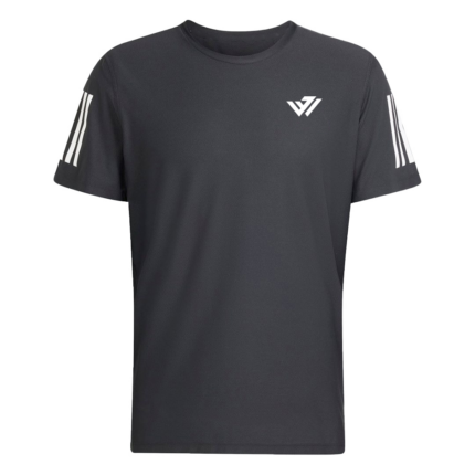 Charcoal dark grey short-sleeve athletic t-shirt with white sleeve stripes and custom logo by JACX Wears