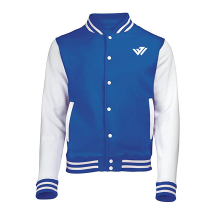 Custom royal blue wool varsity jacket with white leather sleeves and striped ribbing by JACX Wears