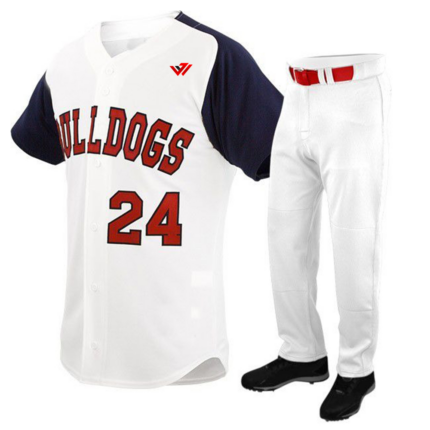 White baseball jersey with navy raglan sleeves and matching pants – custom team uniform by JACX Wears
