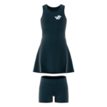 Custom dark green sleeveless women's tennis dress and matching short set with custom chest logo by JACX Wears