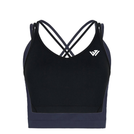 Women's black and navy strappy cross-back sports bra with custom white logo by JACX Wears