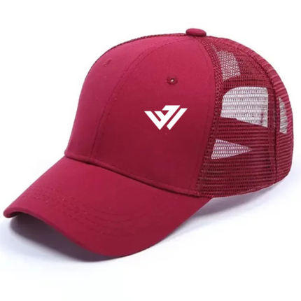 Maroon red breathable mesh trucker cap with custom front logo embroidery by JACX Wears