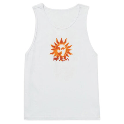 Men's white athletic tank top with orange sun graphic print by JACX Wears