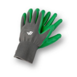 Custom grey knitted work gloves with green crinkle latex dipped palm coating and brand logo by JACX Wears
