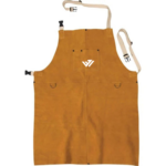 Heavy-duty yellow leather welding apron with adjustable buckles, chest pocket, and custom logo by JACX Wears