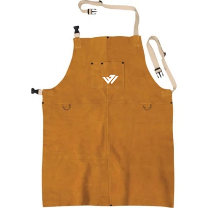 Heavy-duty yellow leather welding apron with adjustable buckles, chest pocket, and custom logo by JACX Wears