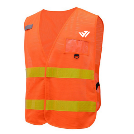 High-vis orange mesh reflective safety vest with yellow stripes and clear ID badge holder by JACX Wears