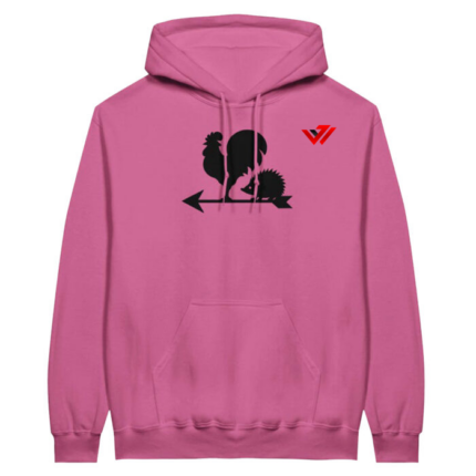 Custom pink fleece pullover hoodie with black rooster hedgehog arrow graphic by JACX Wears
