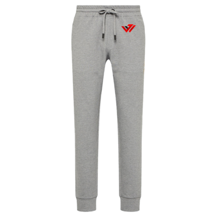 Light grey slim-fit fleece jogger pants with matching drawstrings and custom red logo embroidery by JACX Wears