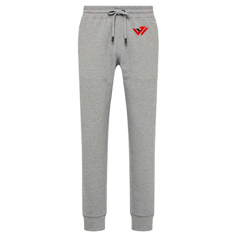 Custom Light Grey Slim Jogger Pants Light grey slim-fit fleece jogger pants with matching drawstrings and custom red logo embroidery by JACX Wears