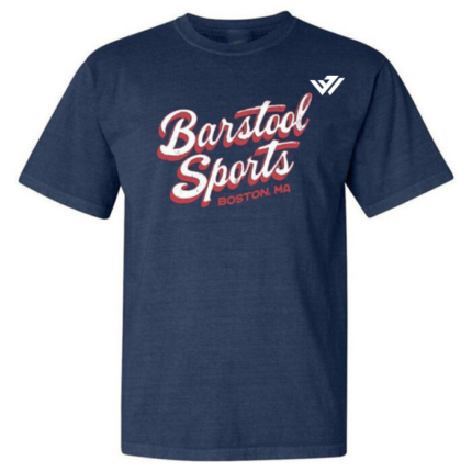 Navy blue custom printed shirt featuring personalized retro typography for sports teams